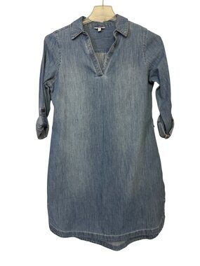 Sonoma Womens Size Small Chambray Shirt Dress Blue Cotton Roll Tab Sleeves